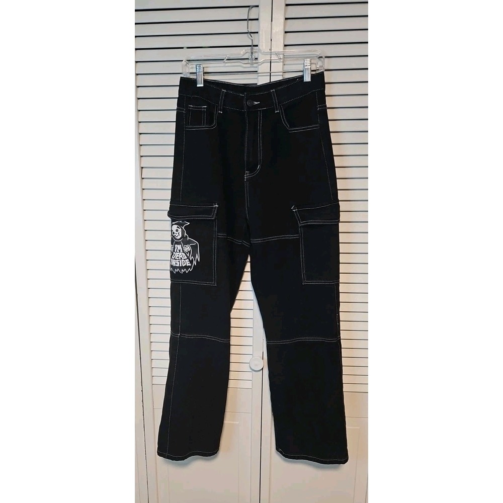 Romwe Skull "I'm Dead Inside" Black Denim Wide Leg Jeans Sz L 25x29